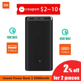 2019 NEW Xiaomi Power Bank 3 20000mAh Mi Powerbank USB-C 45W Portable Charger Dual USB Powerbank for Laptop Smartphone PLM07ZM