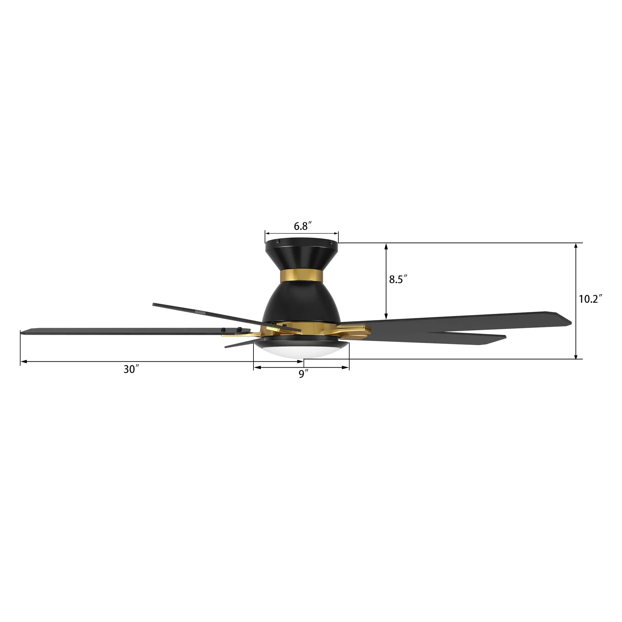 BRISTOL 60 inch 5-Blade Flush Mount Ceiling Fan with LED Light & Remote Control - Black & Gold