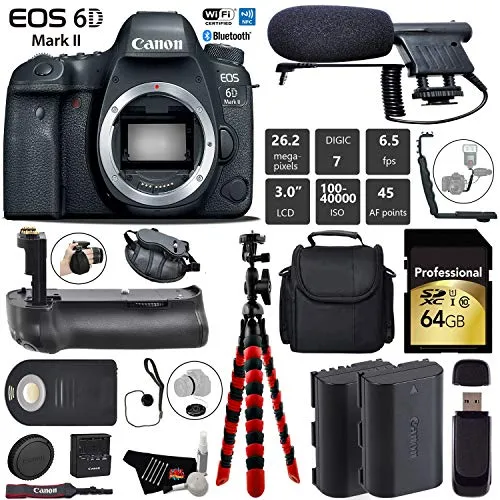 Canon EOS 6D Mark II DSLR Camera (Body Only)   Professional Battery Grip   Condenser Microphone   Extra Battery   Case Pro Bundle