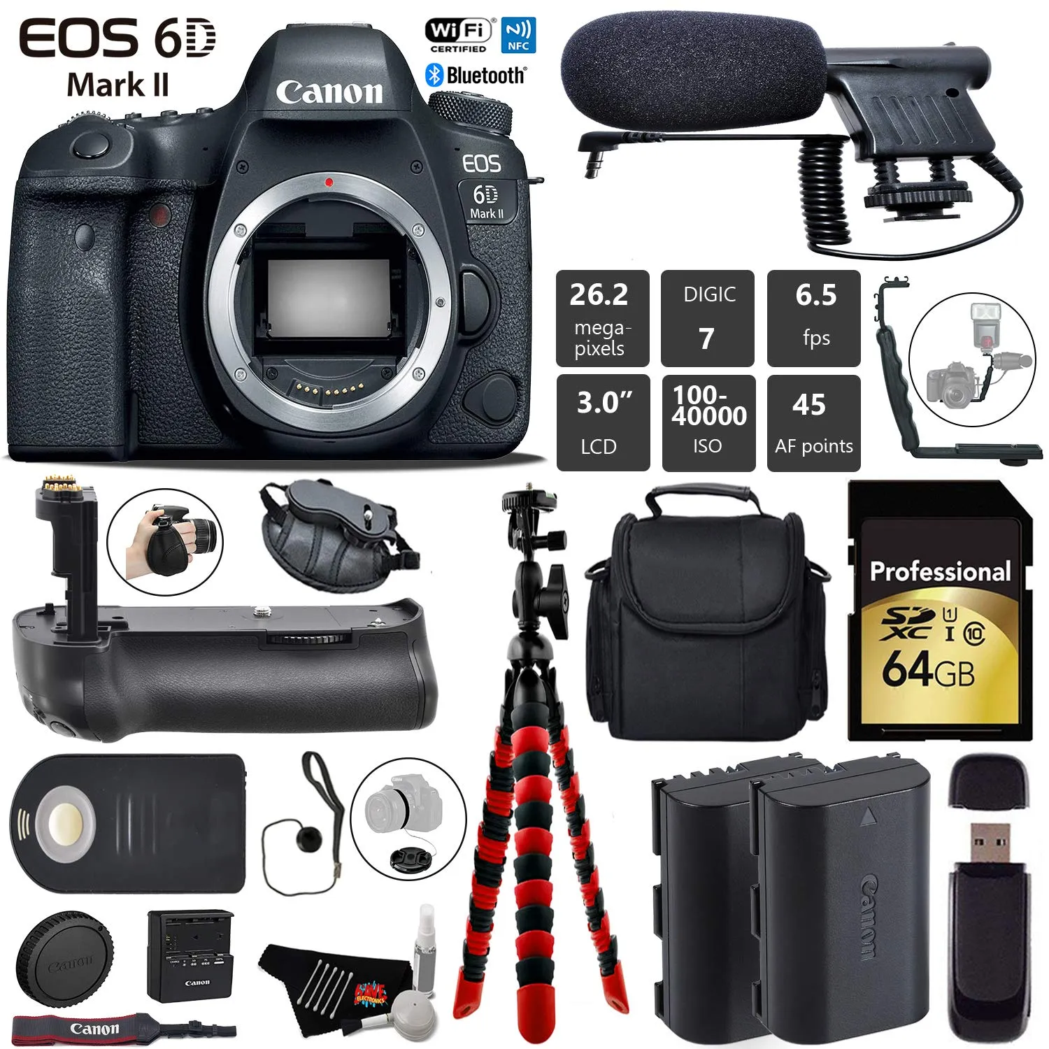 Canon EOS 6D Mark II DSLR Camera (Body Only)   Professional Battery Grip   Condenser Microphone   Extra Battery   Case Pro Bundle