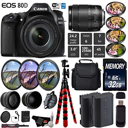 Canon EOS 80D DSLR Camera with 18-135mm is STM Lens   UV FLD CPL Filter Kit   4 PC Macro Kit   Wide Angle & Telephoto Lens Starter Bundle