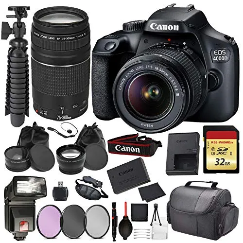 Canon EOS Rebel 4000D Digital SLR Camera with EF-S 18-55mm   EF 75-300mm (Black) Accessory Bundle Package Deal : 32gb SD