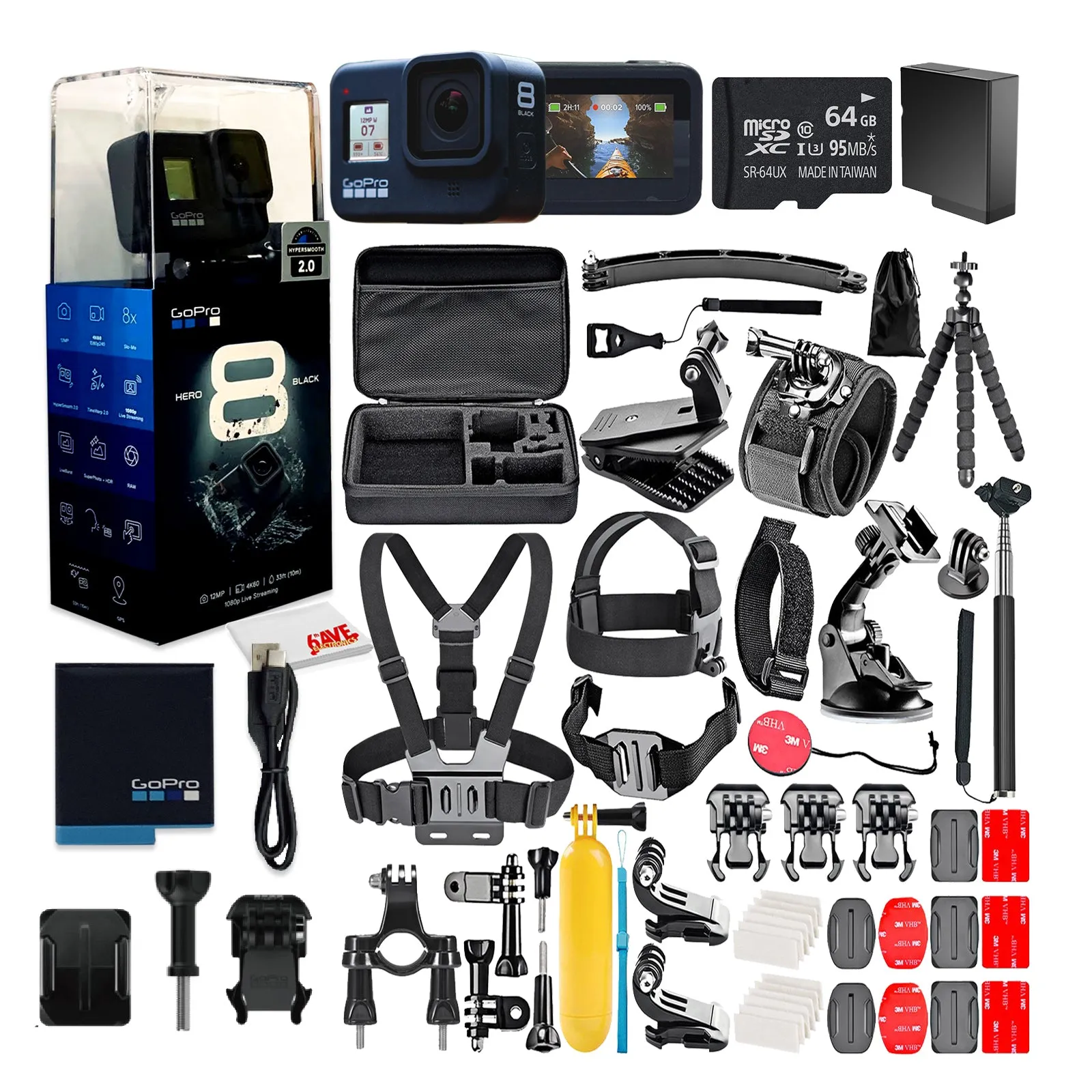 GoPro HERO8 Black Digital Action Camera, Waterproof, Touch Screen - W/ 50 Piece Accessory Kit   64GB Memory Card   Extra Battery