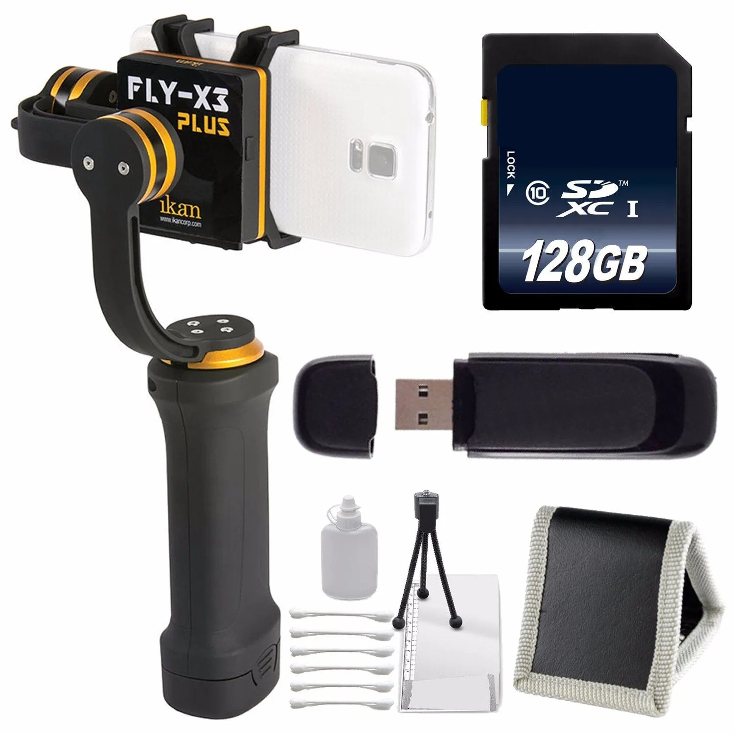 ikan FLY-X3-Plus 3-Axis Smartphone Gimbal Stabilizer with GoPro Mount   128GB SDXC Class 10 Memory Card   Deluxe Starter