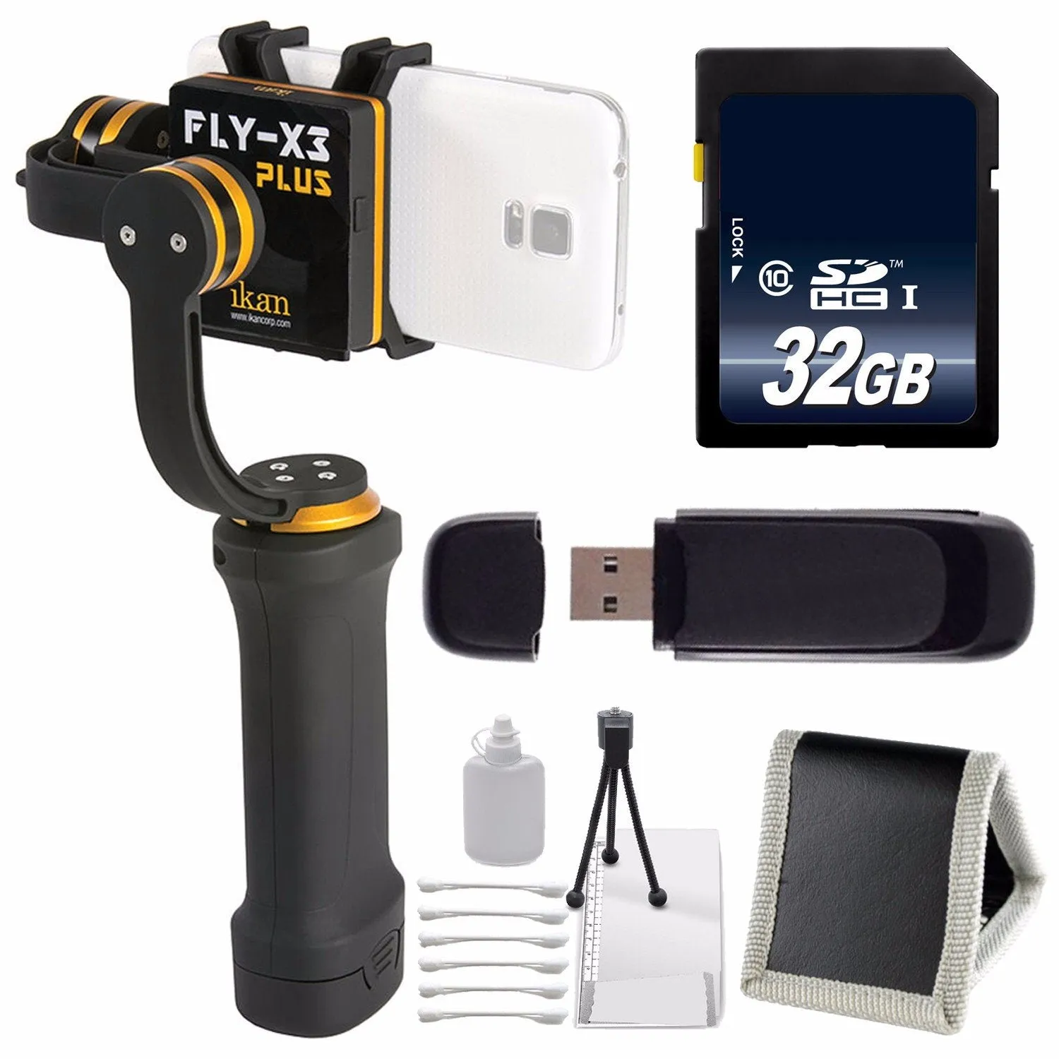 ikan FLY-X3-Plus 3-Axis Smartphone Gimbal Stabilizer with GoPro Mount   32GB Memory Card   Deluxe Starter Kit Bundle