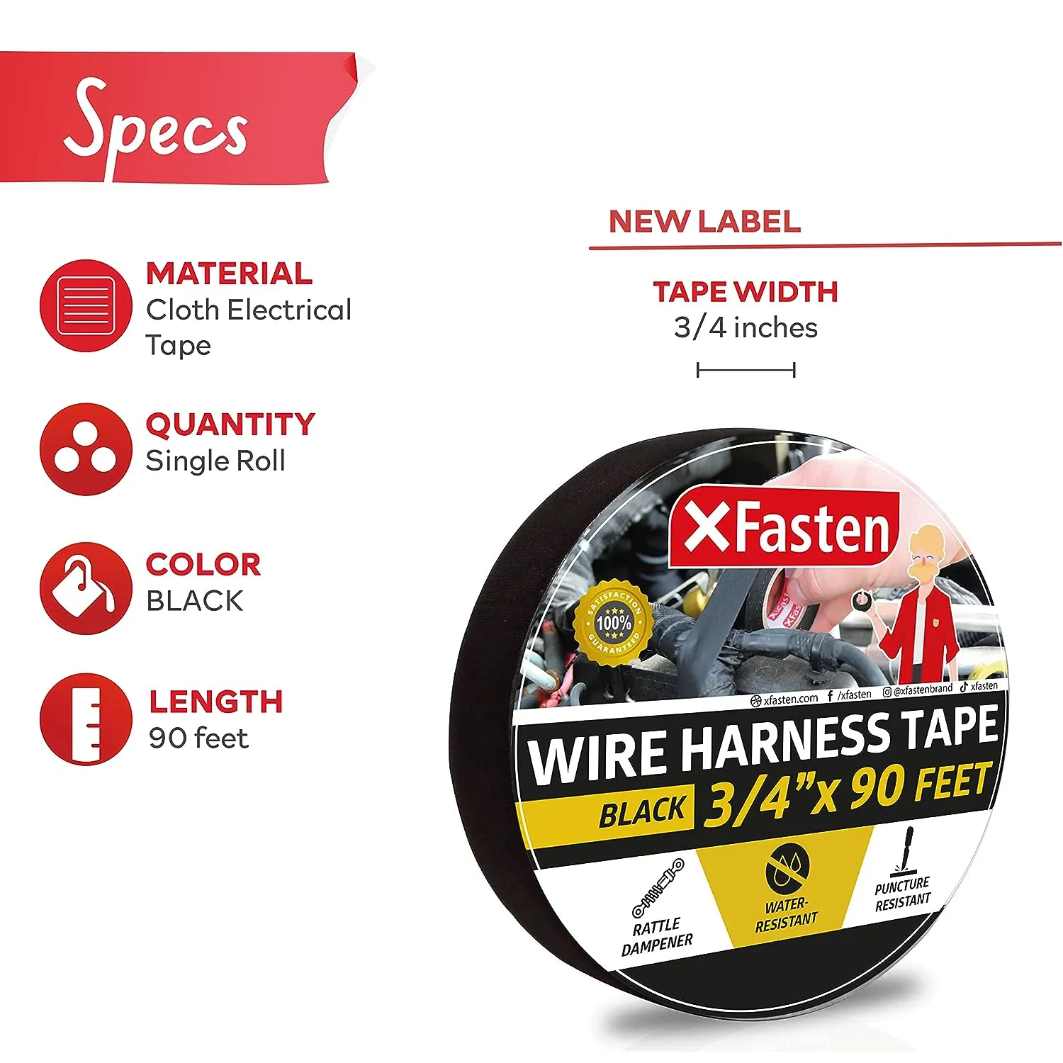 XFasten Wire Harness Tape - 3/4" x 90 Foot (Single Roll)